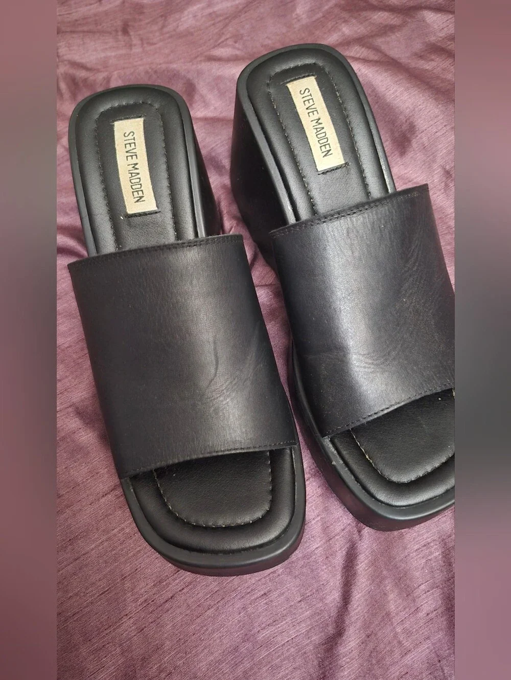 Steve Madden Pepe30 Black Leather Platform Wedge Slide Sandals Size 9